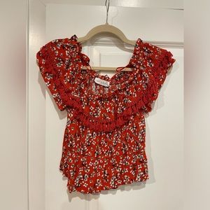 Floral Red Short Sleeve Blouse